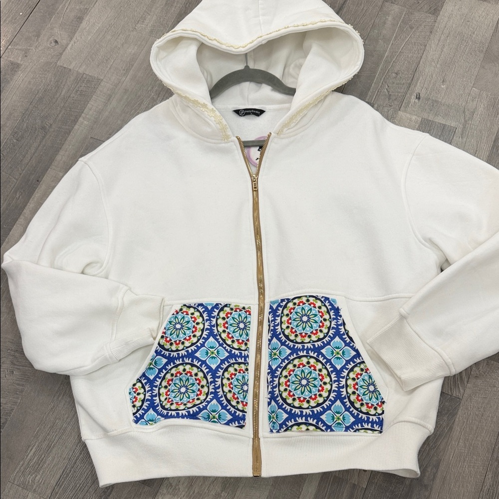 White Zip Hoodie with Blue Patterned Pockets Pretty Garden